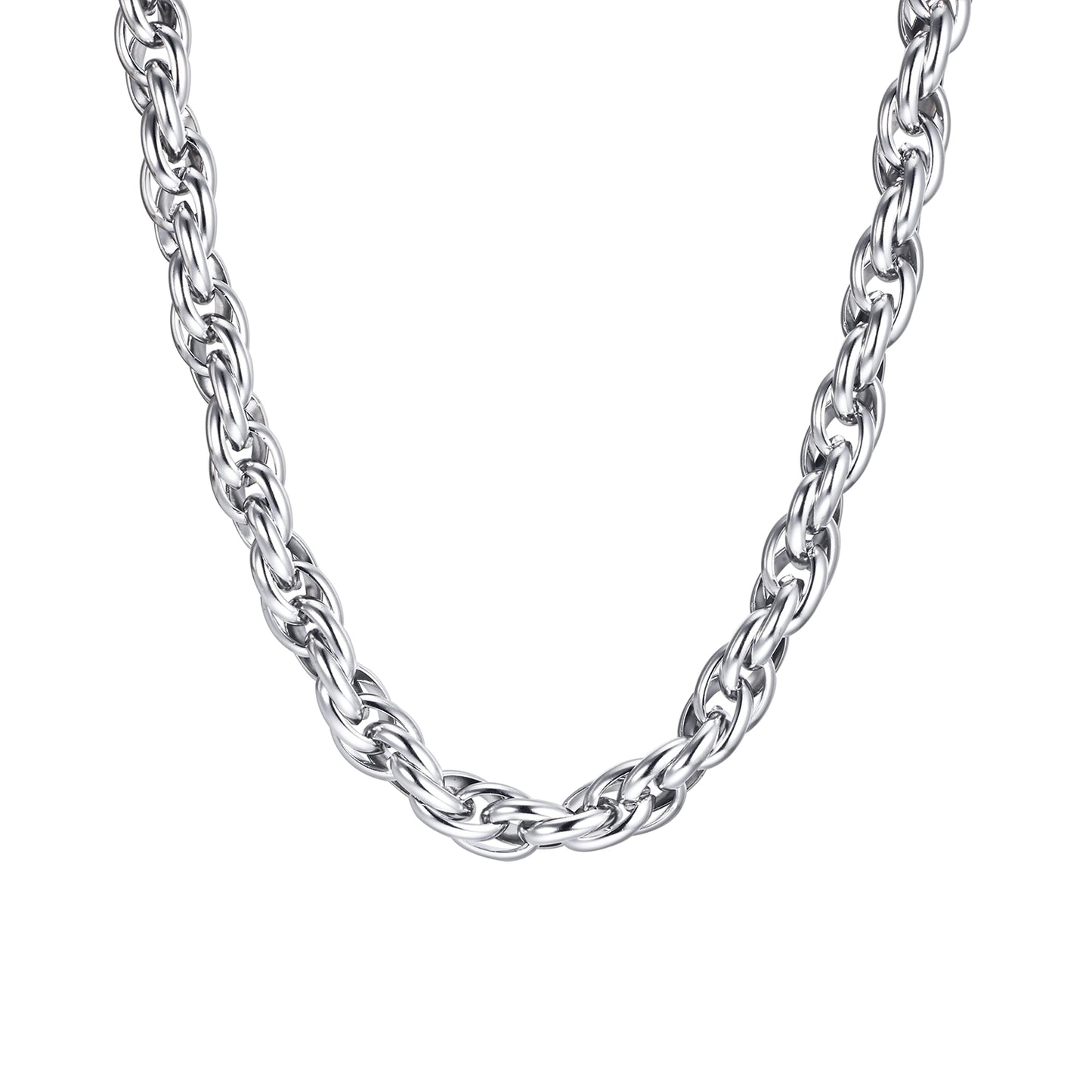 7mm Braided Twisted Silver Link Chain Necklace, 55cm