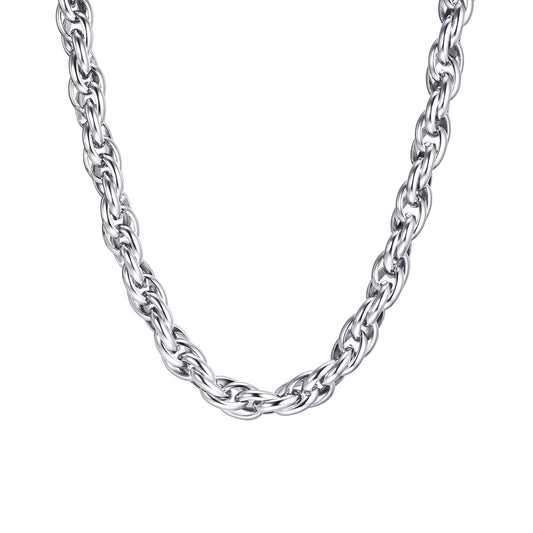 7mm Braided Twisted Silver Link Chain Necklace, 55cm