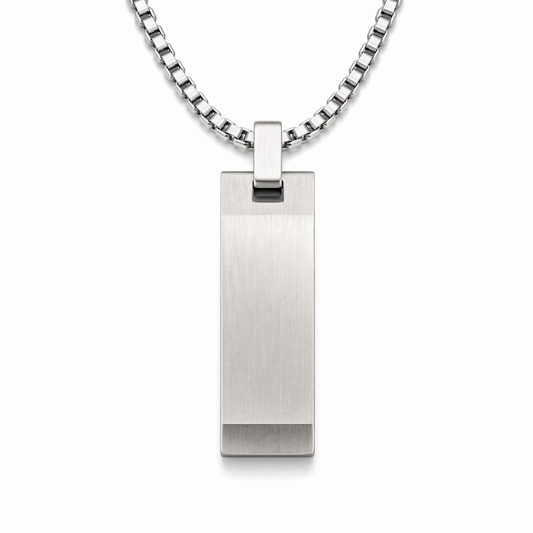 Brushed Steel Bar Pendant — Minimal Tag Necklace
